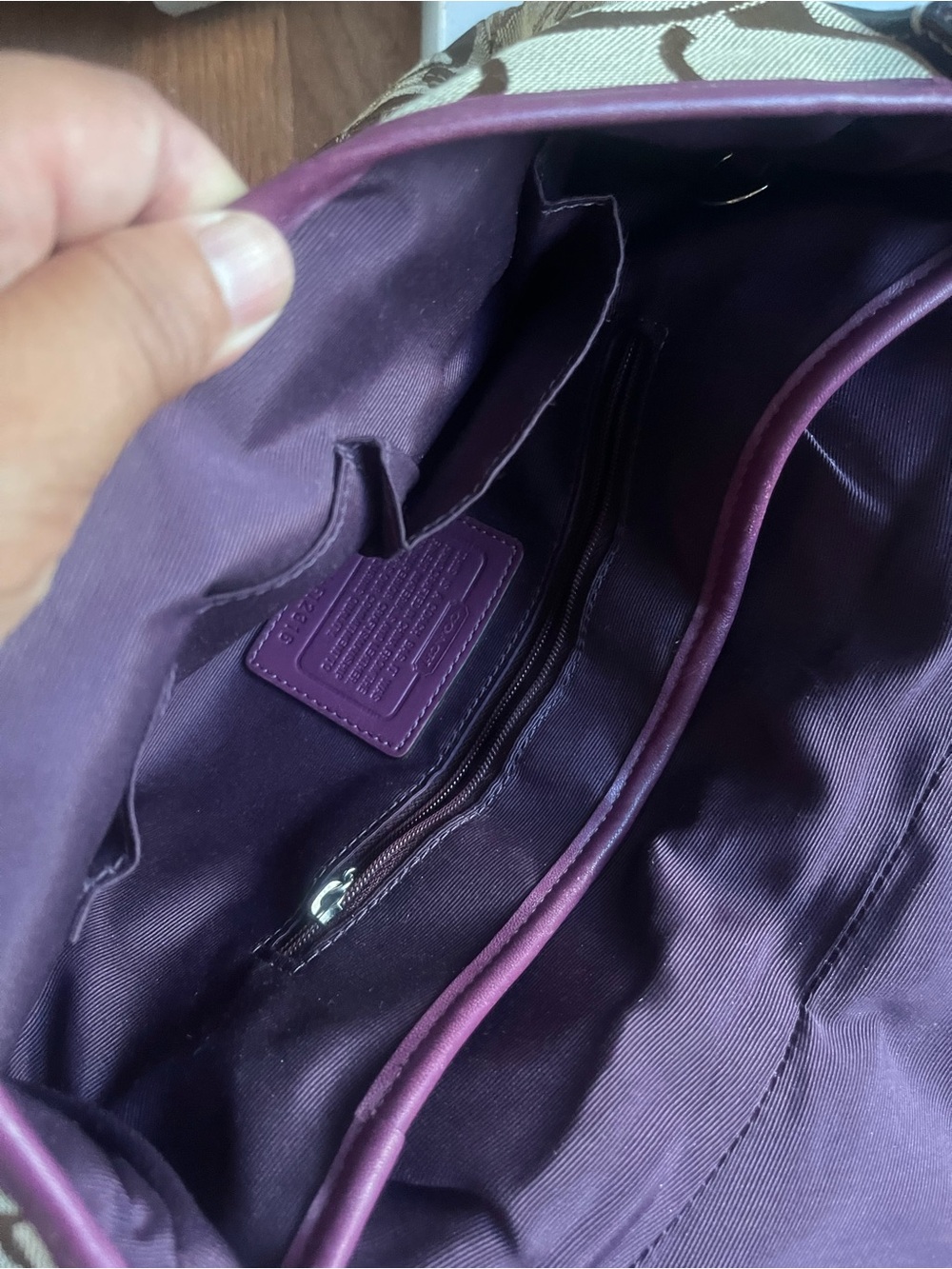 Coach Brown Signature Patchwork Shoulder Bag with Purple Trim - Picture 9 of 12